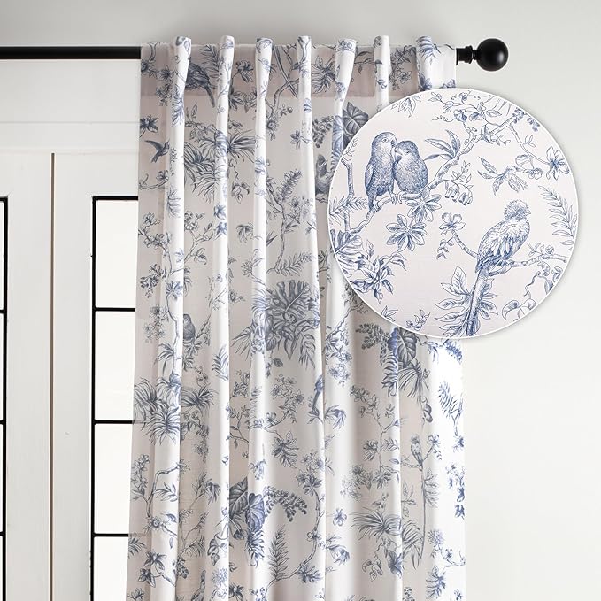 Maison d' Hermine Curtains for Living Room 100% Cotton 84 inch Length One Panel Light Filtering Toile Curtains for Bedroom Windows with Rod and Loop Pockets Drapes (Jouy Paradise Blue, 50" W x 84" L)