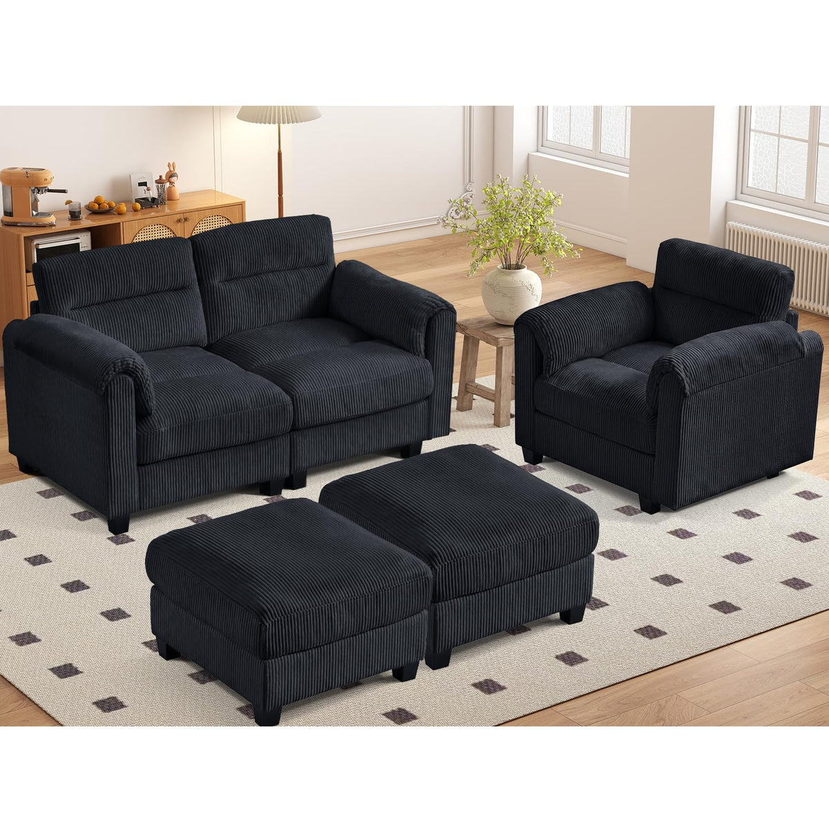 HAOMARKETS Corduroy 4-Piece Sofa Set, Upholstered Ottoman Set of 2, Accent Chair and Loveseat 2-Seater Sofa Couches with Plush Cushions and Rolled Arms, Modern Living Room Furniture Sets, Black