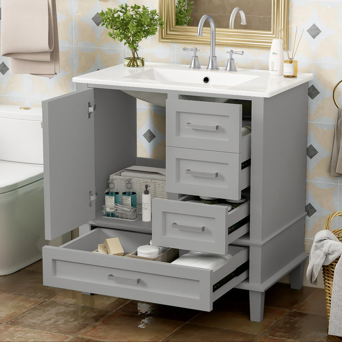 Virubi 30" Bathroom Vanity with Sink Combo Set, Soft Closing Door, Modern Solid Wood and MDF Single Bathroom Cabinet with Storage, 3 Drawers, Freestanding (Grey)