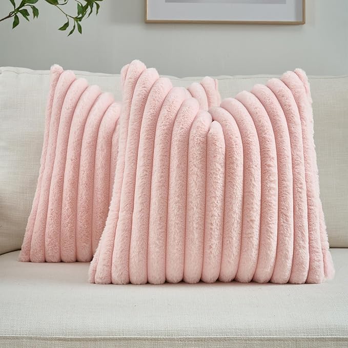 FUTEI Pink Throw Pillow Covers Set of 2, 24x24 Inch Striped Texture European Cushion Cases with Soft Faux Rabbit Fur Front & Velvet Back, Modern Decorative Couch Pillows for Living Room