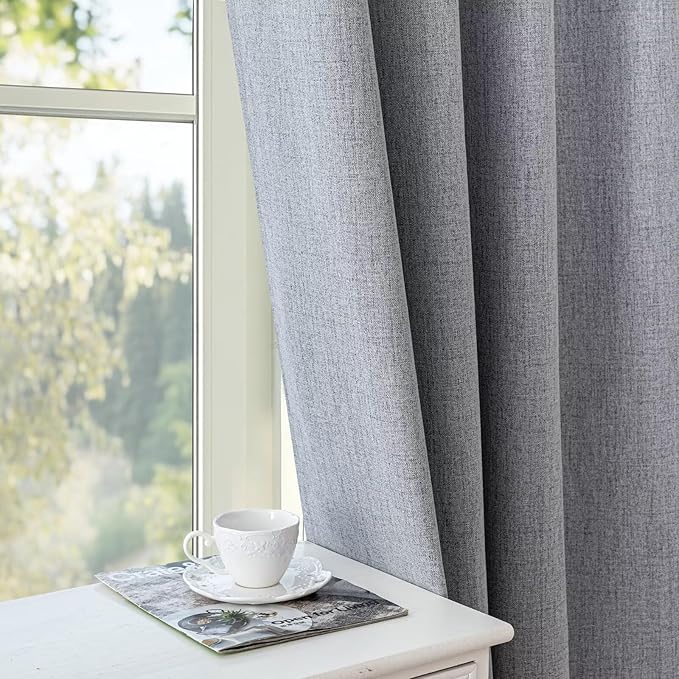 100% Blackout Curtains 108 inch Length 2 Panels Faux Linen Long Drapes for Bedroom Living Room Black Out Room Darkening Curtain Thermal Insulated Back Tab Rod Pocket(W52 x L108, Light Grey)