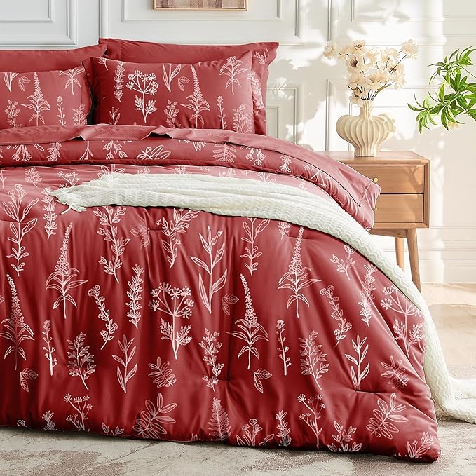 MUXHOMO Terracotta Bed in a Bag Queen 7 Pieces, Queen Comforter Set Reversible Botanical Flowers Design, Ultra Soft & Breathable Bedding Sets with Comforter, Sheets, Pillowcases & Shams