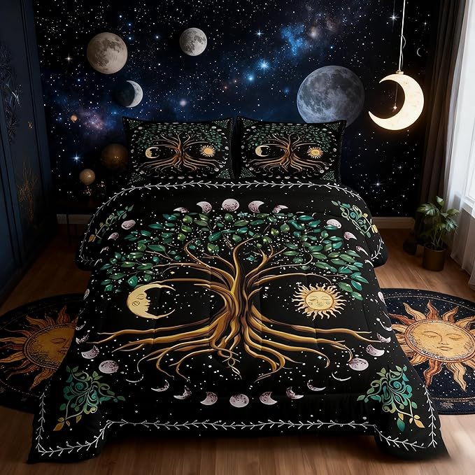 Tree Artwork Kids Comforter Set King Size,Sun Moon Starry Sky Galaxy Trippy Bedding Set,Boys Girls Adults Room Decor,Boho Exotic Psychedelic Down Comforter,Watercolor Duvet Insert,2 Pillowcases