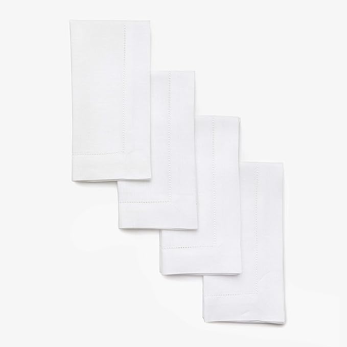 Solino Home White Linen Napkins Set of 4-100% Pure Linen Hemstitch Dinner Napkins 20 x 20 Inch for Winter, Christmas, Holiday, New Year - Classic Hemstitch