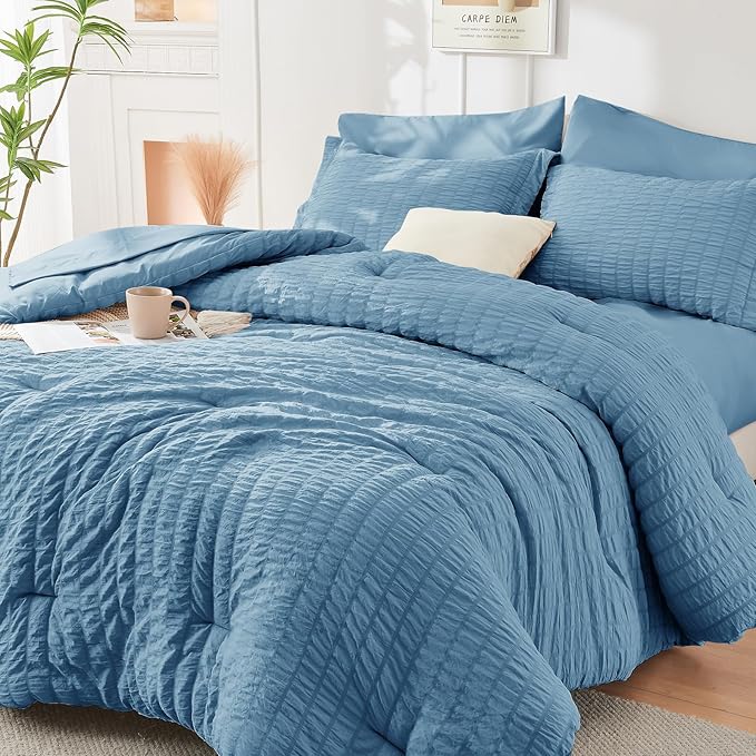 HYMOKEGE Mineral Blue King Size Comforter Set Seersucker 7 Pieces, All Season Luxury Bed in a Bag for Bedroom, Bedding Set with Comforter, Sheets, Pillowcases & Shams