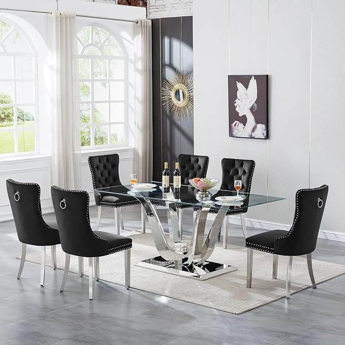 7-Piece Glass Dining Table Set w/6 Blue Upholstered Dining Chairs, 70in Rectangular Large Kitchen Table Set for 6, Glass and Silver Dining Table and Chair Set for 6