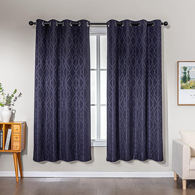 Amazon Basics Jacquard 2-Piece 100% Blackout Curtains, Living Room and Bedroom Drapes, Thermal Insulated Window Treatment, 52"x72", Dark Blue