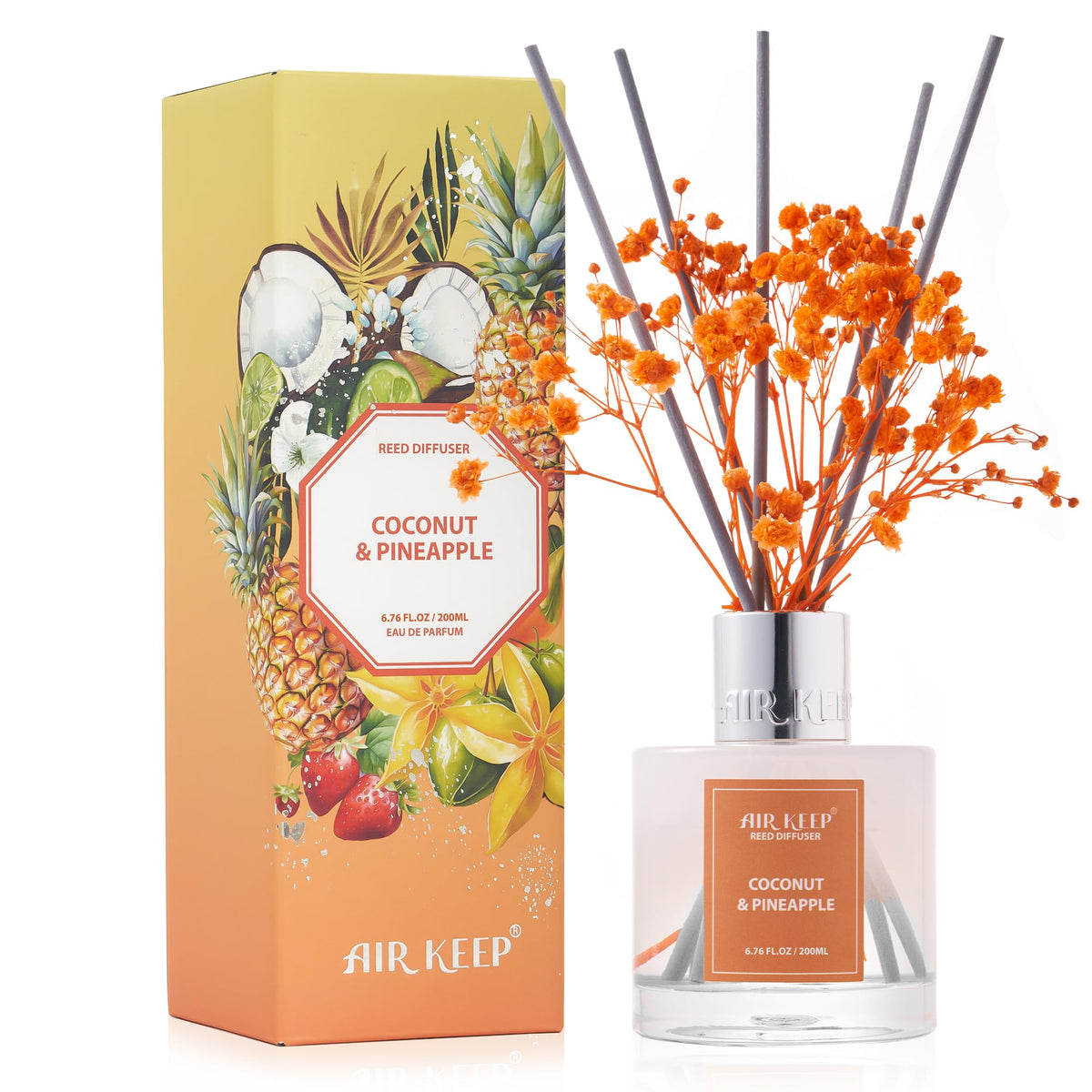 Airkeep Reed Diffuser Set,6.76 fl oz (200 ml) - Coconut & Pineapple Oil Diffusers with 8 Reed Sticks, Home Fragrance Reed Diffuser for Bathroom Shelf Decor