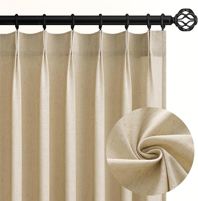 102 Inch Long Curtains Pinch Pleat Linen Curtains for Living Room 2 Panels Set,Natural Beige Light Filtering Farmhouse Boho 102 Inch Pleated Semi Sheer Curtain with Hooks Floor Ceiling Bedroom Window