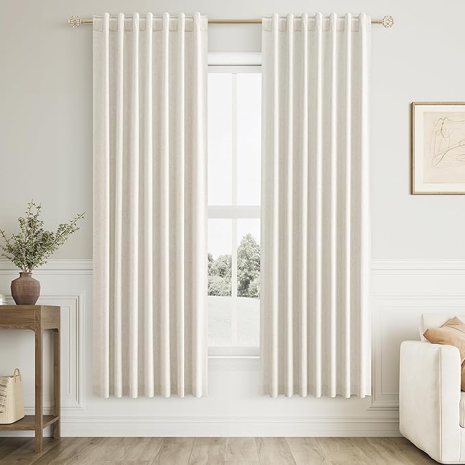 Guken Cream Linen Blackout Curtains 38 Inch Wide by 72 Inch for Living Room Bedroom Back Tab Thermal Insulated 100% Black Out Linen Drapes Room Darkening Window Curtains