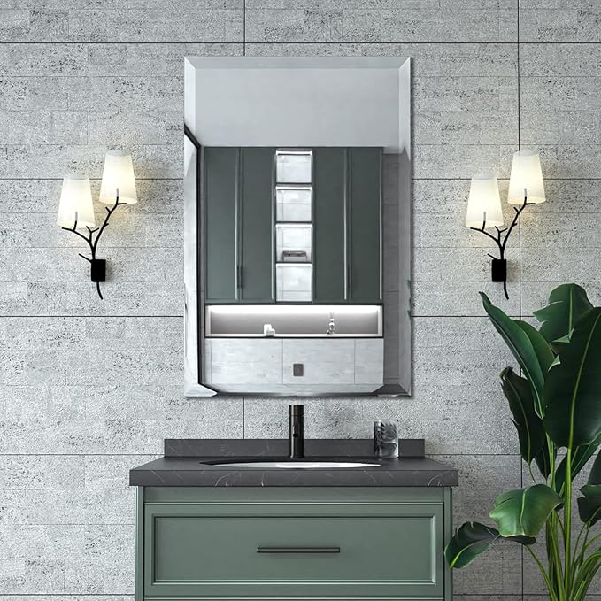 Mirrorons Beveled Mirror, 24" x 36" Frameless Rectangle Bathroom Vanity Mirror with Beveled Edge, Hangs Horizontally or Vertically. Upgraded Shatterproof