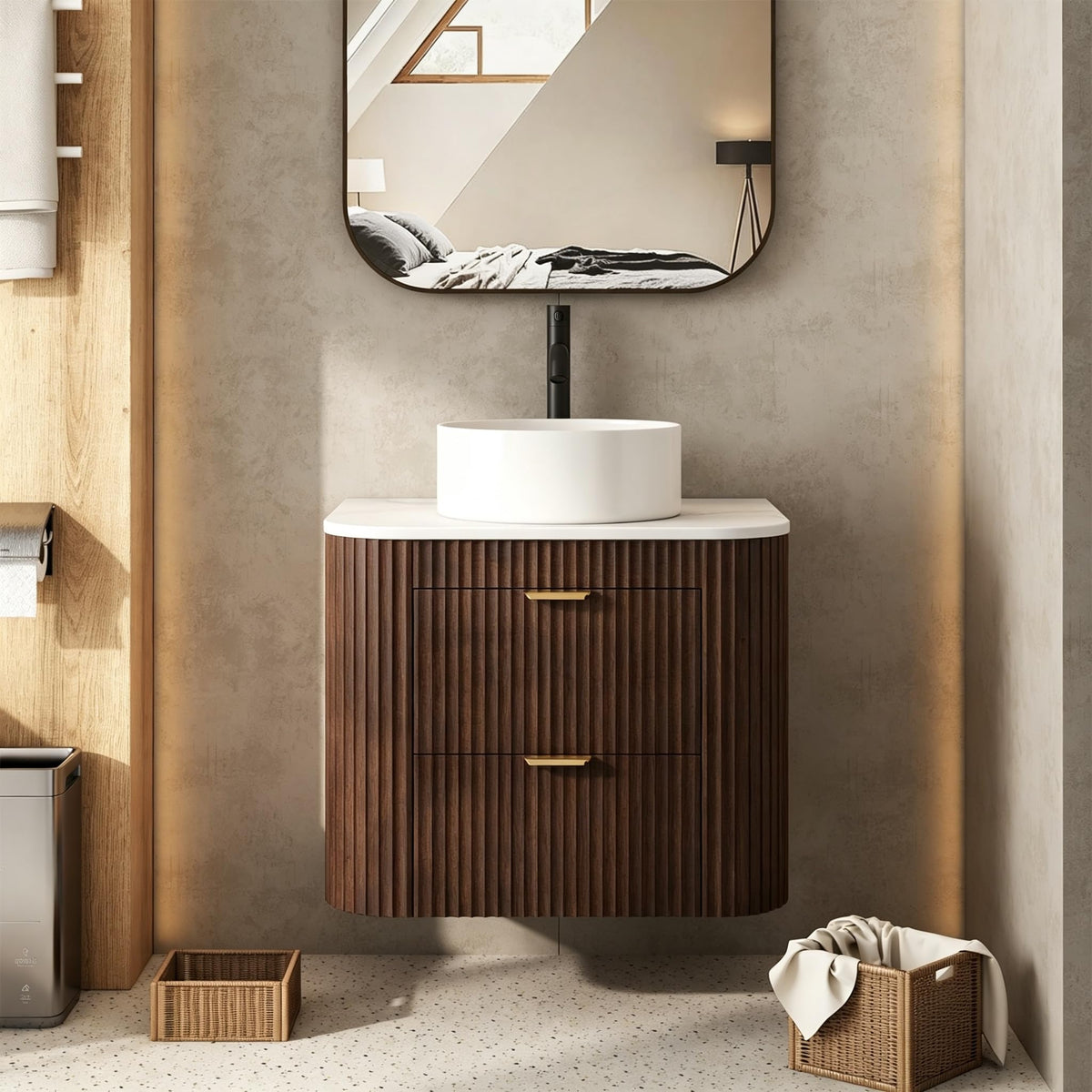 OPERTION 24 Inch Bathroom Vanity with Sink, Floating Vanity with Ceramic Sink Combo, Fluted Bathroom Vanity with 2 Storage Drawers, Modern Wall Mounted Cabinet, Marble Look Wooden Tabletop, Walnut