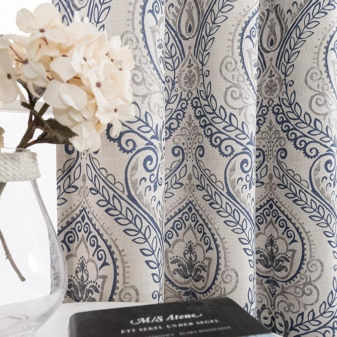 jinchan Curtains for Living Room Darkening 96 Inches Long, Medallion Drapes for Bedroom, Damask Pattern Window Treatments Vintage Curtain Panels, 2 Panels Blue on Greige