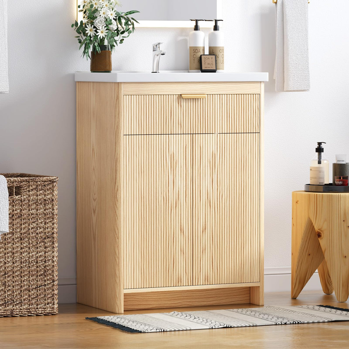 Koestem Bathroom Vanity with Sink, 24 Inch Single Bathroom Vanity with Sink with Storage Cabinet for Small Space, Freestanding Storage Bathroom Vanity with 2 Soft Closing Cabinets, Nature Wood