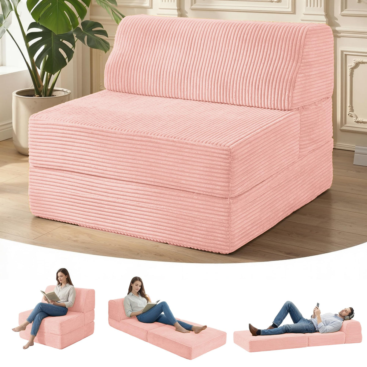 Kasunpul Folding Sofa Bed with Pillow, Memory Foam Fold Out Chair Bed, Convertible Sleeper Chair with Washable Cover, Futon Floor Couch for Living Room/Dorm/Guest Use/Home Office/Apartment,Pink