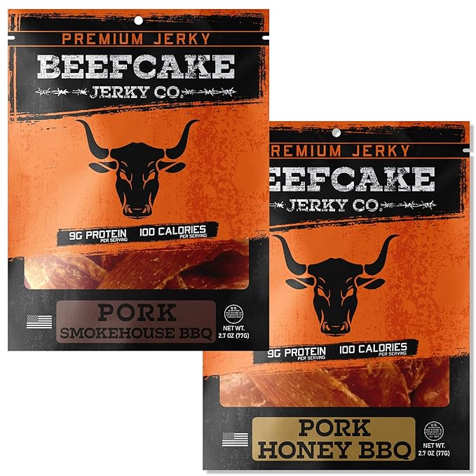 BEEFCAKE Jerky Tender Pork SmokeHouse & Honey BBQ Gourmet Meat Snacks, 9 Gram of Protein and 100 Calories 2.7 Oz | Pack of 2