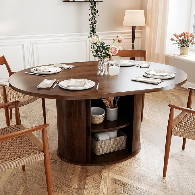 Oval Extendable Dining Table with Storage,59" Storage Kitchen Table for 4-8 People with Curved Sliding Door Fluted Wood Coffee Table Thickened Tabletop for Dining Room/Kitchen,Brown