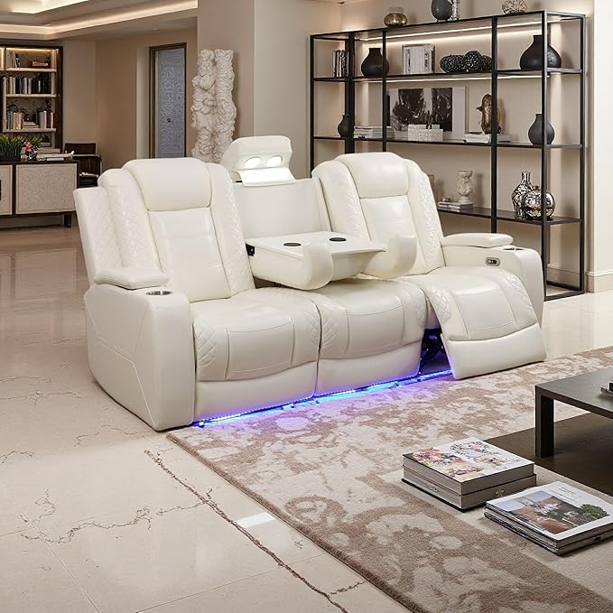 Leather Reclining Sofa Set, Power Recliner Sofa Sectional Couches with Drop-Down Table, Living Room Furniture, Reclining Sofa with Cup Holders/Storage Console for House(Creamy White)