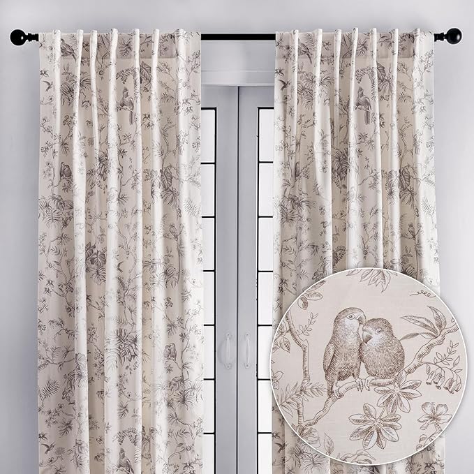 Maison d' Hermine Curtains for living room 100% Cotton 96 inch length Two Panels Light Filtering Toile Curtains for Bedroom Windows with rod and loop Pockets Drapes (Jouy Paradise Beige, 50"W x 96"L)