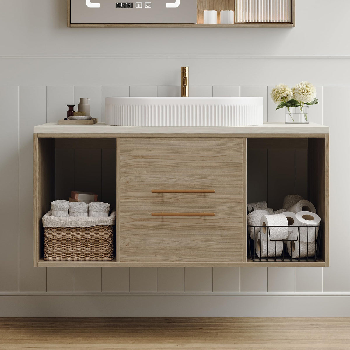 HomVent Modern 38.2 Wall-Mounted Bathroom Vanity with Oval Ceramic Sink Floating Vanity Multi-Layer Solid Wood Cabinet Soft-Close Drawers Open Shelf Storage