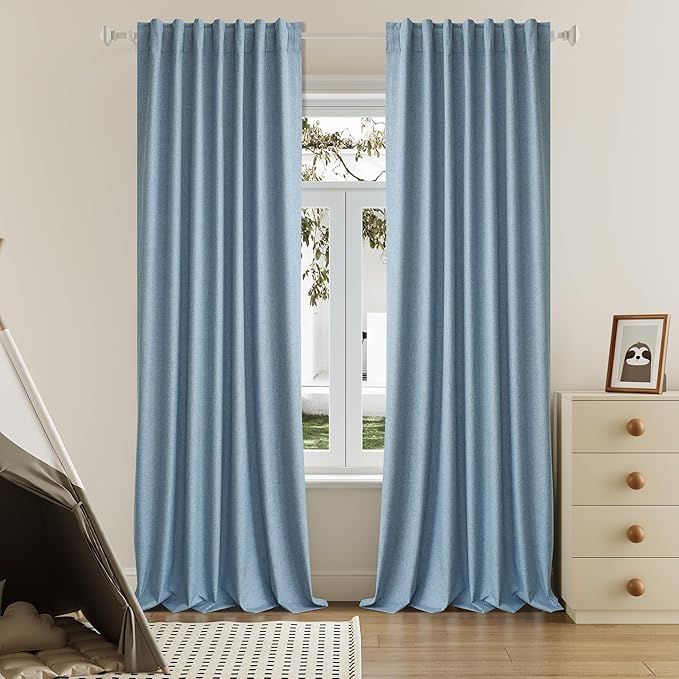 Slate Blue 102 Inch Length Curtains, 100% Blackout Curtains 84 Inch Extra Wide for Bedroom Thermal Insulated Noise Cancelling Pleated Heading Tape Ring Back Tab Kids Boho Drapes 2 Panel Set 84x102