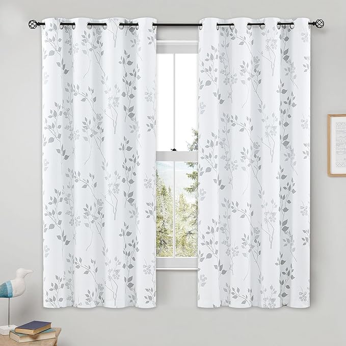 Beauoop Floral 100% Blackout Curtains 63 Inch Length 2 Panels for Bedroom Living Room Grey White Flower Patterned Room Darkening Thermal Insulated Soundproof Grommet Window Treatments Drapes, 52X63