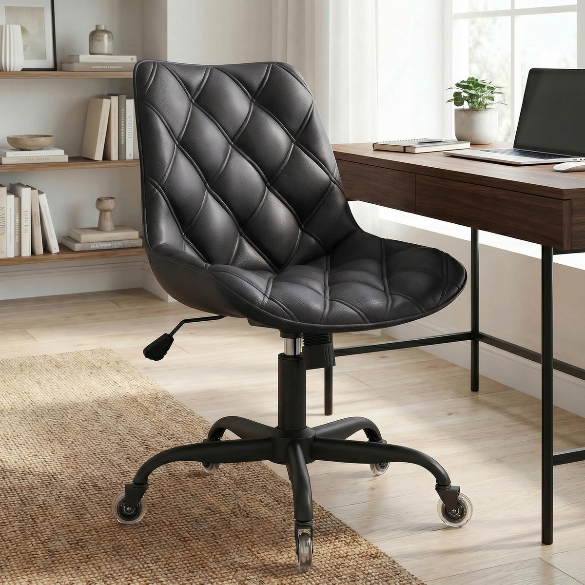 Armless Office Chair, Mid Back Modern Desk Chair with Rubber Wheels, 360 Swivel PU Leather Office Chair No Arms, Adjustable Height Small Computer Chair, Armless Desk Chair for Office, Black
