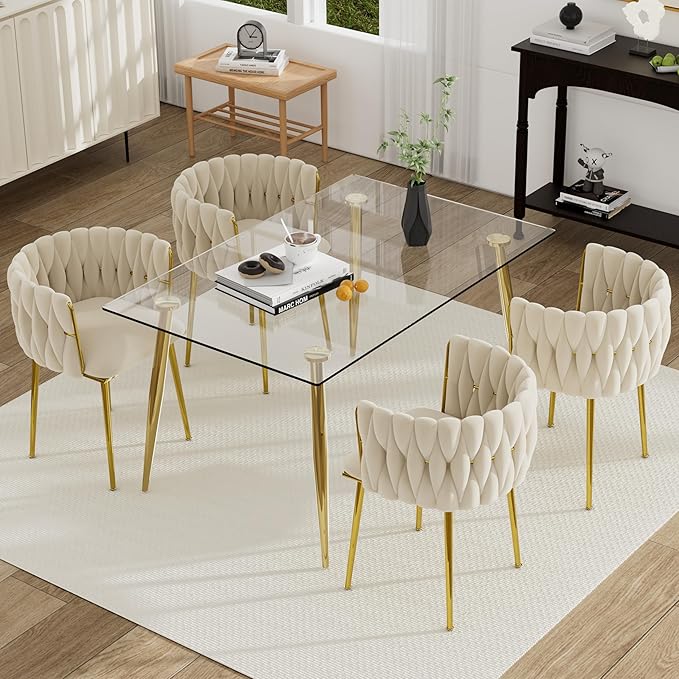 Gold Glass Dining Room Table Set for 4, 51'' Modern Luxury Rectangular Dinner Table Set, 5 PCS Clear Glass Top Minimalist Kitchen Table Set, Ivory Woven Dining Chair for Home Small Place