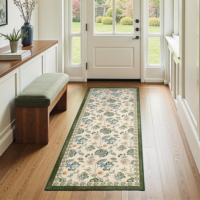jinchan Elora 2x5 Floral Runner Rug for Hallway Washable Runner Vintage Romance Christmas Design Non Slip Thin Indoor Floor Cover Low-Profile Throw Carpet for Entryway Bedroom Porch, Green/Beige
