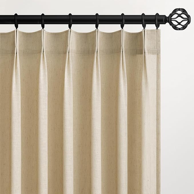 132 Inch Pinch Pleated Linen Curtains 2 Panels,Natural Beige Semi Sheer Curtains With Pleated Hooks Back Tab for Track System,Extra Long 11ft Curtain for Living Room Bedroom Ceiling to Floor,40x132