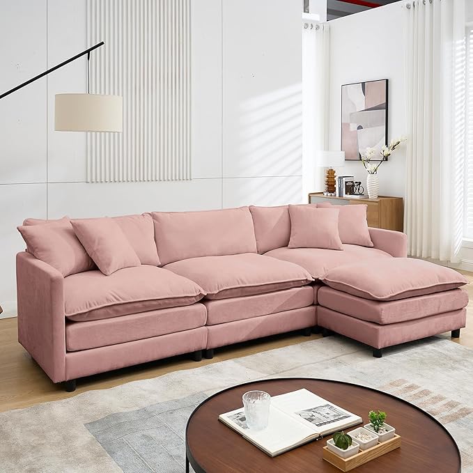 Modular Sectional Sofa,108.27'' Modern Sofa Sleeper Couch with 3 Seat & 1 Ottoman & 3 pillows Sofa Set,Comfy Cloud Couches with Movable Ottoman Deep Seat Sofa for Living Room Chenille (pink, L shaped)