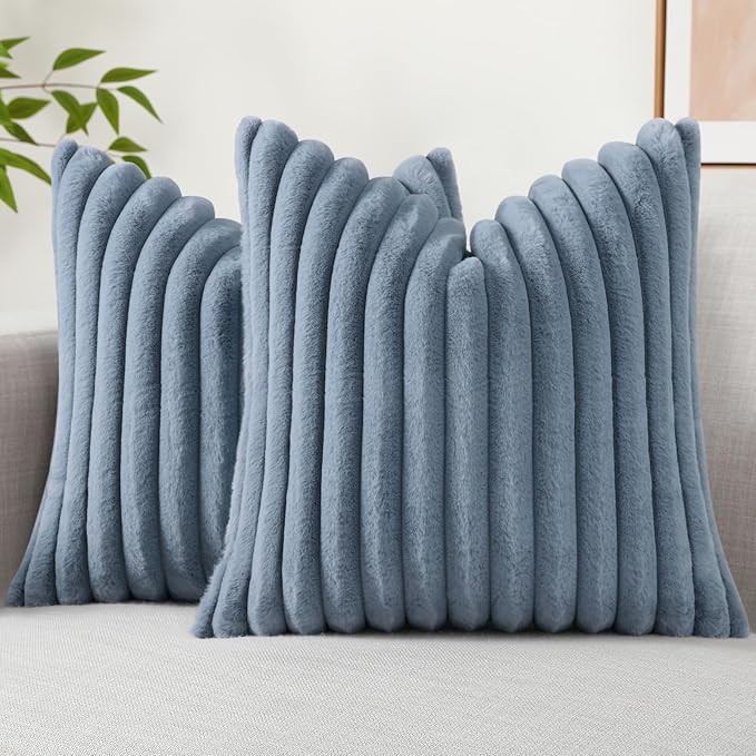decorUhome Faux Fur Spring Throw Pillow Covers 22x22 Set of 2, Decorative Soft Plush Striped Neutral Couch Euro Pillow Covers with Velvet Back for Sofa, Bed, Living Room Home Decor, Grey Blue