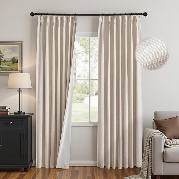 MYSKY HOME Linen Pinch Pleated Blackout Curtains 90 inches Long Linen 100% Room Darkening for Living Room Bedroom Thermal Insulated Light Block Window Drapes Width 40", 2 PCs