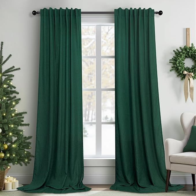 Dark Green Curtains 96 Inches Long for Living Room Dining 2 Panels Set Pocket Back Tab Forest Drape Semi Privacy Emerald Hunter Green Linen Curtains for Bedroom Bay Window Farmhouse Vintage Decor 8 FT