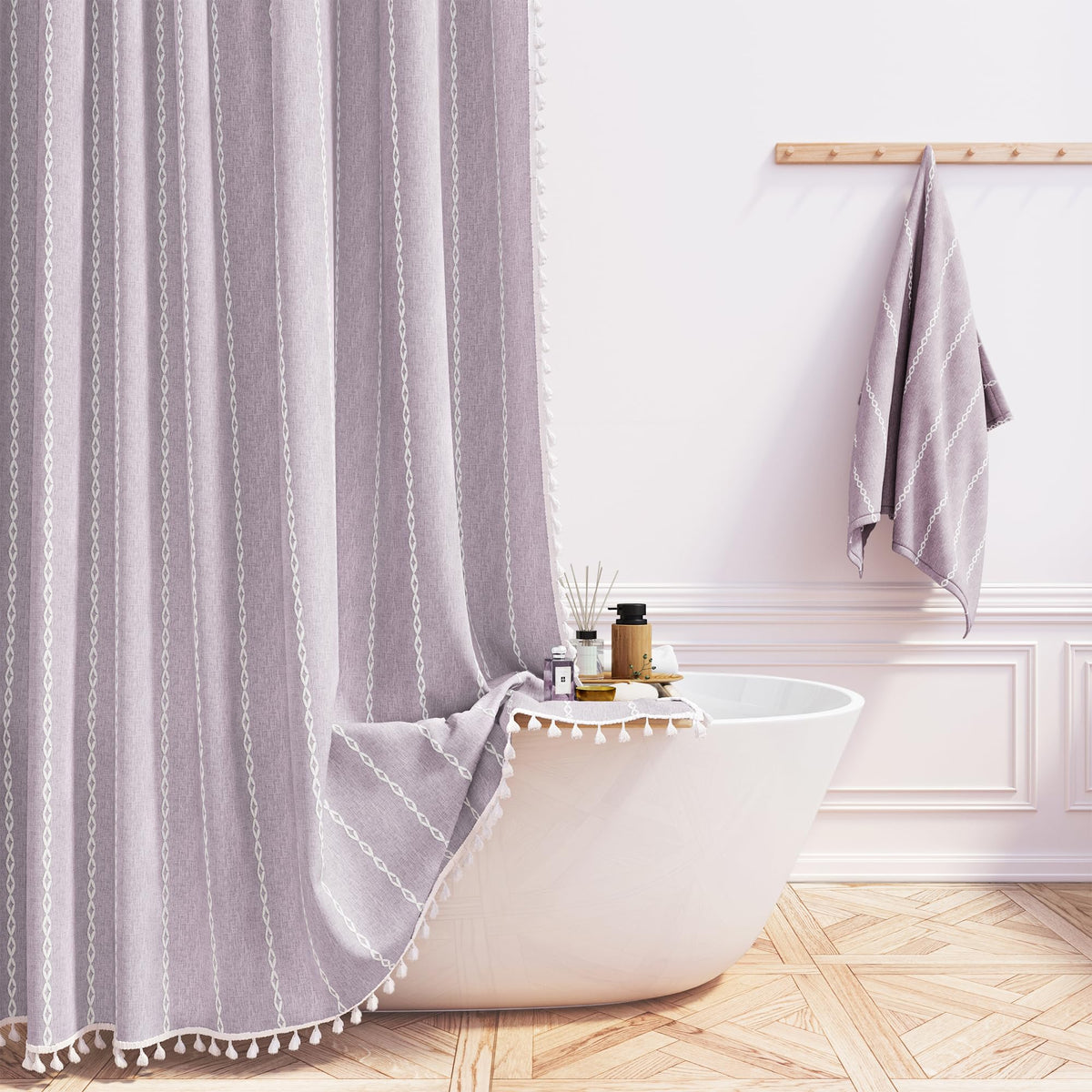 BTTN 54x78 Boho Farmhouse Linen Heavy Duty Shower Curtain Set, Lavender