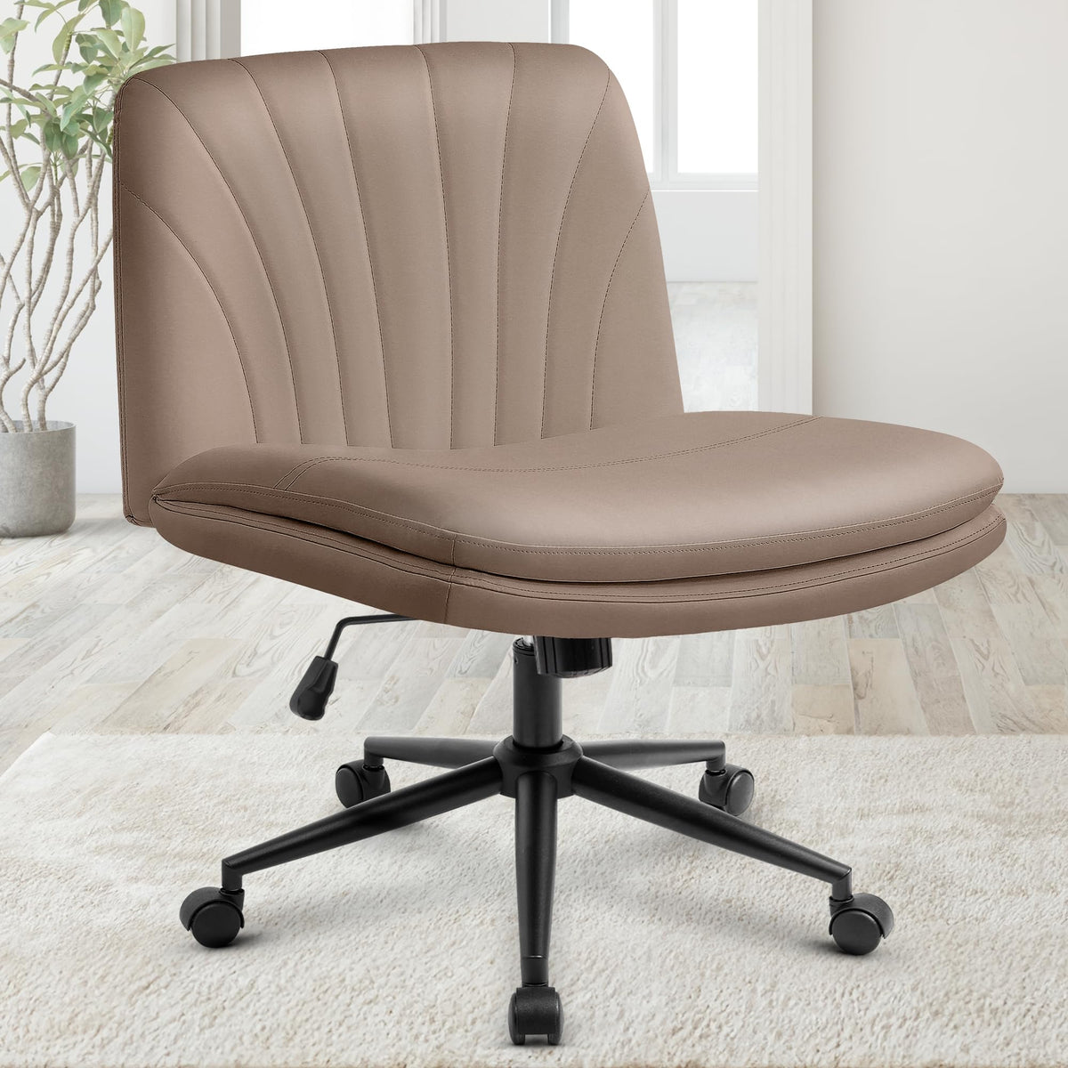 Orange Factory Criss Cross Chair, Wide Leather Vanity Desk Seat, Brown Pu