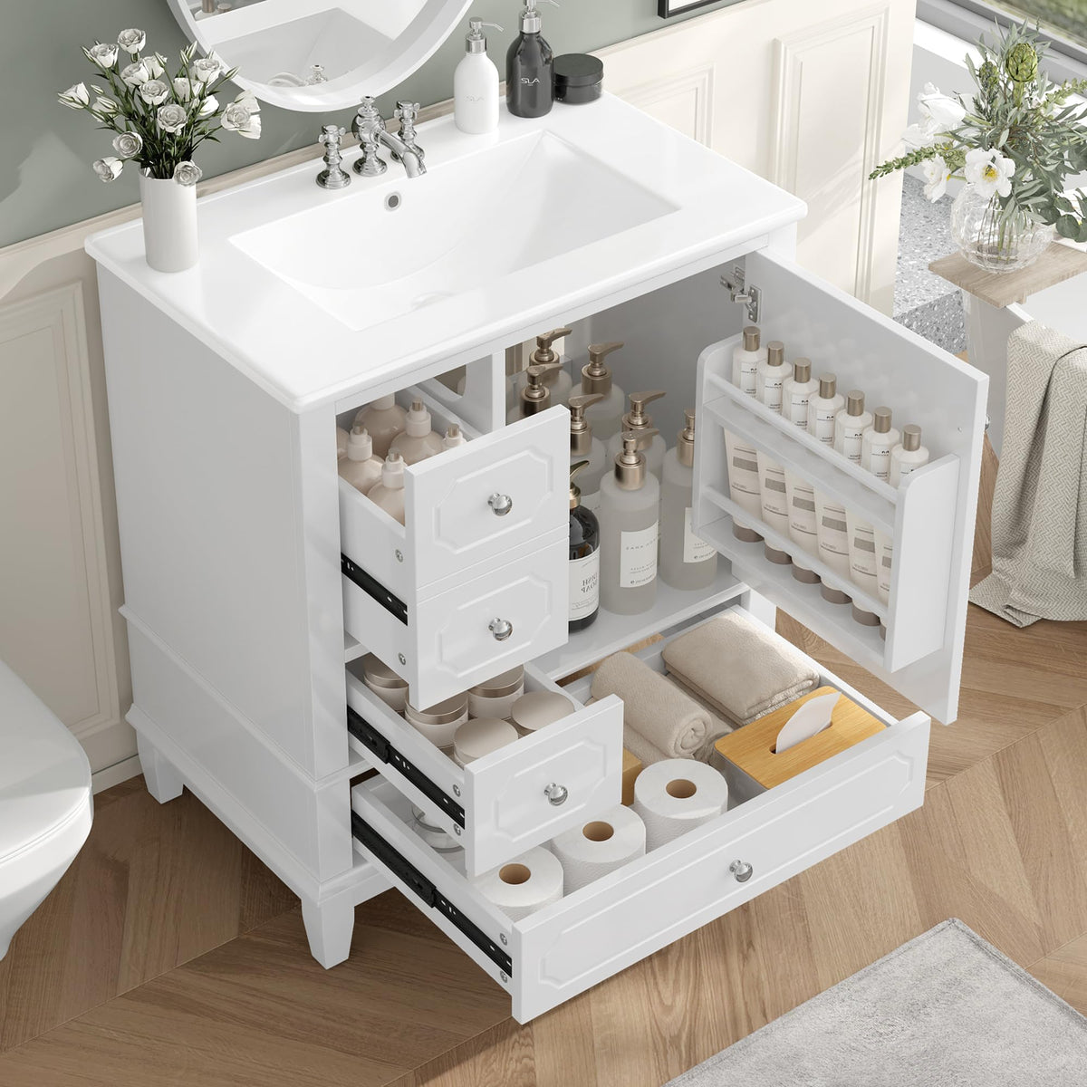 Virubi 30 in Bathroom Vanity with Sink and Soft Closing Doors,Solid Wood & MDF Modern Single Bathroom Sink Cabinet with Drawers,Freestanding (White)