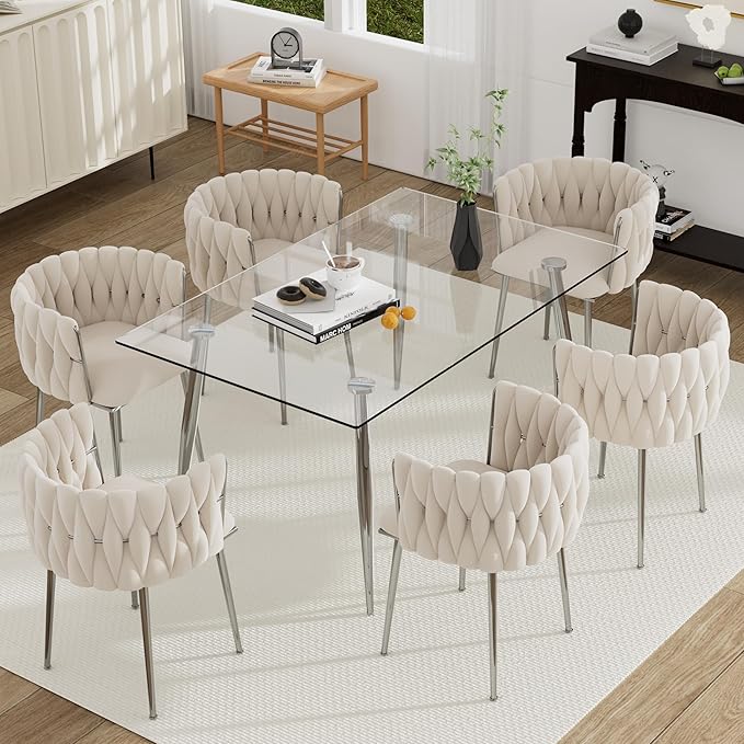 Silver Glass Dining Room Table Set for 6, 51'' Modern Luxury Rectangular Dinner Table Set, 7 PCS Clear Glass Top Minimalist Kitchen Table Set, Ivory Woven Dining Chair for Small Apartment