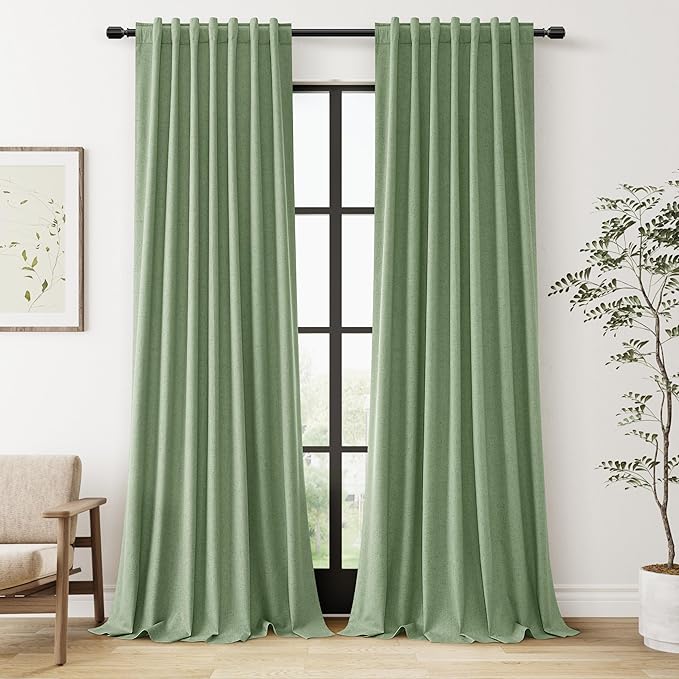 Guken 100% Blackout Linen Curtains 100 Inch Length 2 Panels Set for Living Room Bedroom Back Tab Thermal Insulated Black Out Linen Drapes Room Darkening Window Curtains,Light Sage
