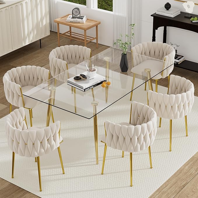 Gold Luxury Glass Dining Table Set for 6, 7 Pcs Clear Glass Top Rectangle Dinner Table Set, 63'' Modern Minimalist Kitchen Table Set, Ivory Woven Chair, for Living Room Large Apartment