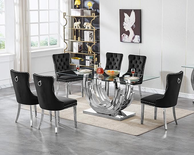 Henf 7-Piece Glass Dining Table Set with 6 Upholstered Dining Chairs, Large Dining Table and Chair Set for 6, Modern Glass Kitchen Table Furniture for Dining Room, U Shape Stainless Steel Pesestal