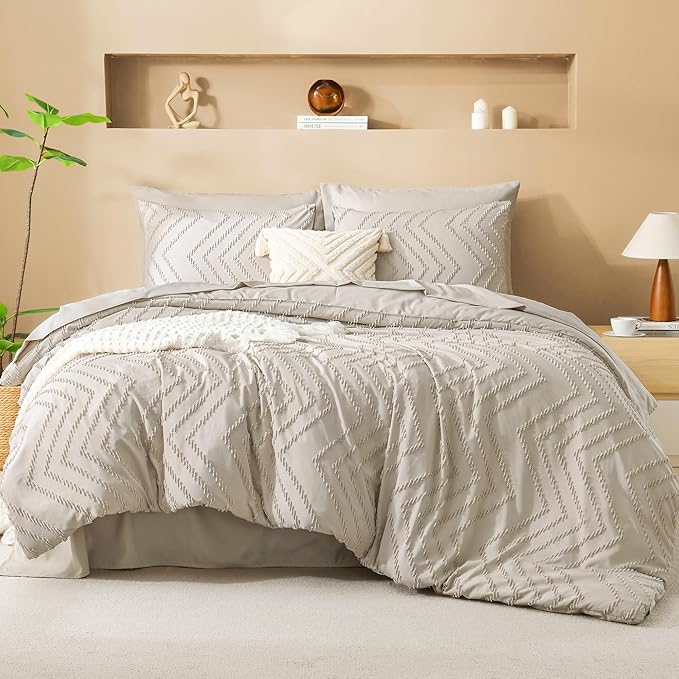 Litanika Twin XL Comforter Set Oatmeal - Boho Tufted Shabby Chic Bed in a Bag for College Dorm, 5 Pieces Fluffy Soft Farmhouse Bed Set for All Seasons