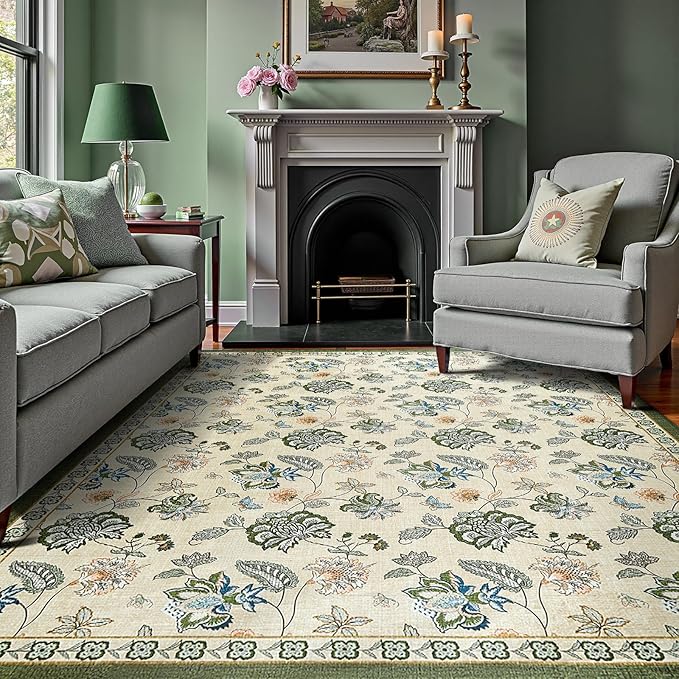 jinchan Elora 8x10 Floral Rug for Living Room Washable Bedroom Rug Vintage Romance Christmas Design Non Slip Thin Indoor Floor Cover Large Low-Profile Throw Carpet for Dining Room Office, Green/Beige