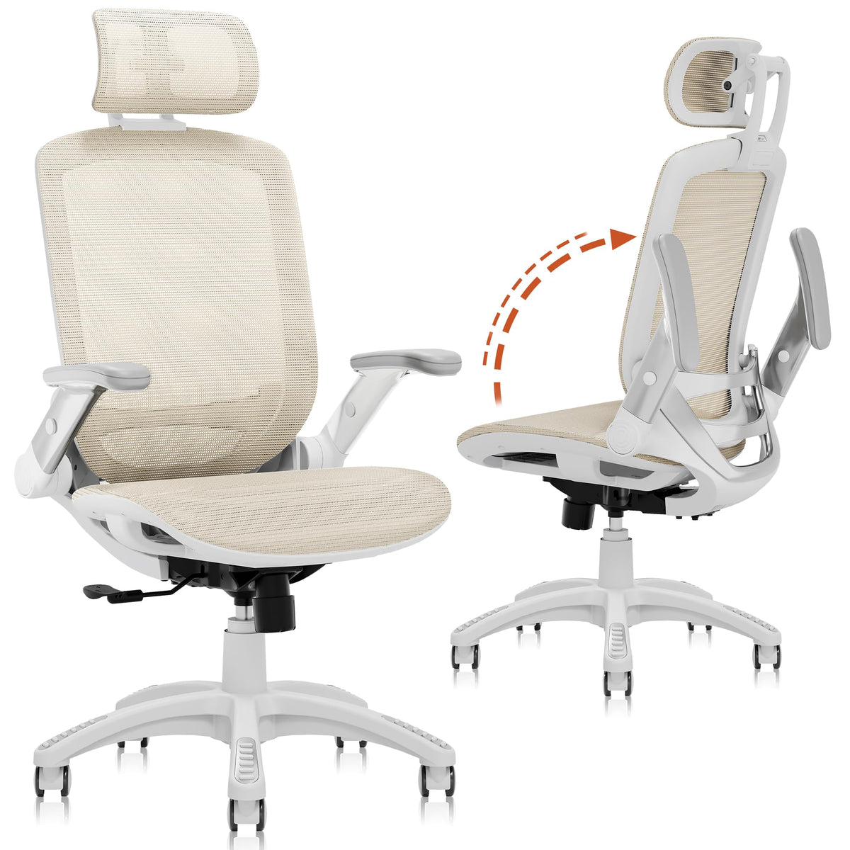 GABRYLLY Ergonomic Office Chair, High Back Home Desk Chair with 2D Flip-Up Arms, 3D Headrest, 90-120° Tilt and Wide Cushion, Big and Tall Mesh Chairs for Man Woman, Computer Task Chair Beige