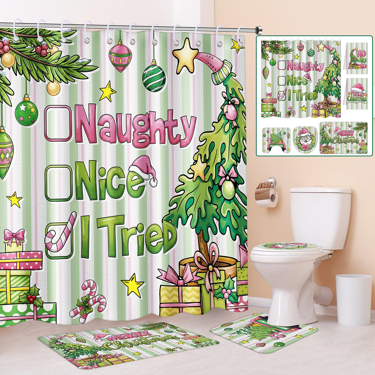 HunnmingRe 6 Pcs Christmas Bathroom Decor Pink Green Shower Curtain Set