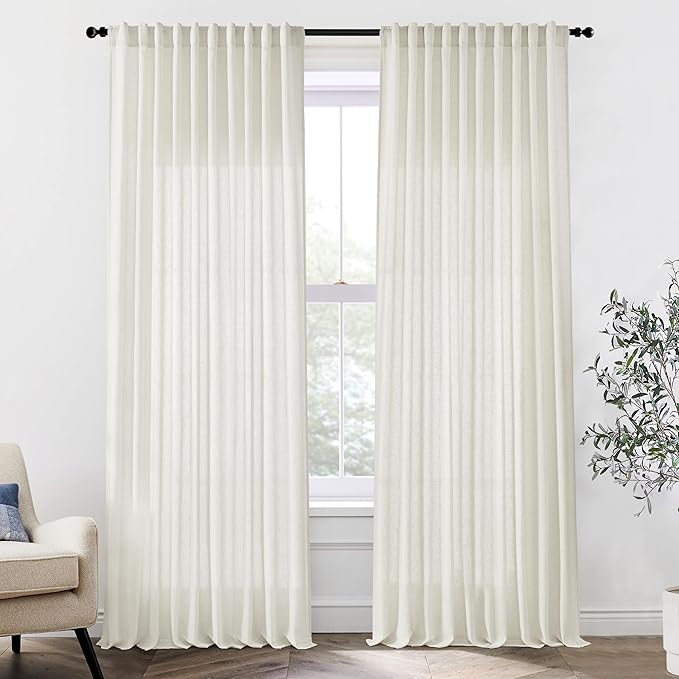 Extra Wide Curtains 70 In Width for 72 Inch Window,Pleated Back Tab Linen Semi Sheer Full Length Curtains for Living Room Sliding Glass Door 2 Panel Set,72x102,70x102,6FT x 102 Inches Long,Cream
