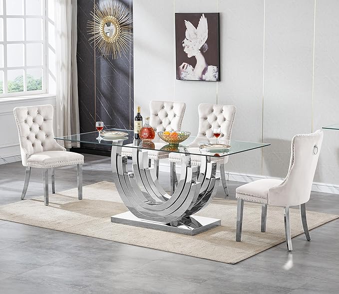 Henf 5-Piece Dining Table Set with 4 Upholstered Dining Chairs, Large Dining Table and Chair Set for 4, Modern Glass Kitchen Table Furniture for Dining Room, Glass Top and Stainless Steel Pesestal
