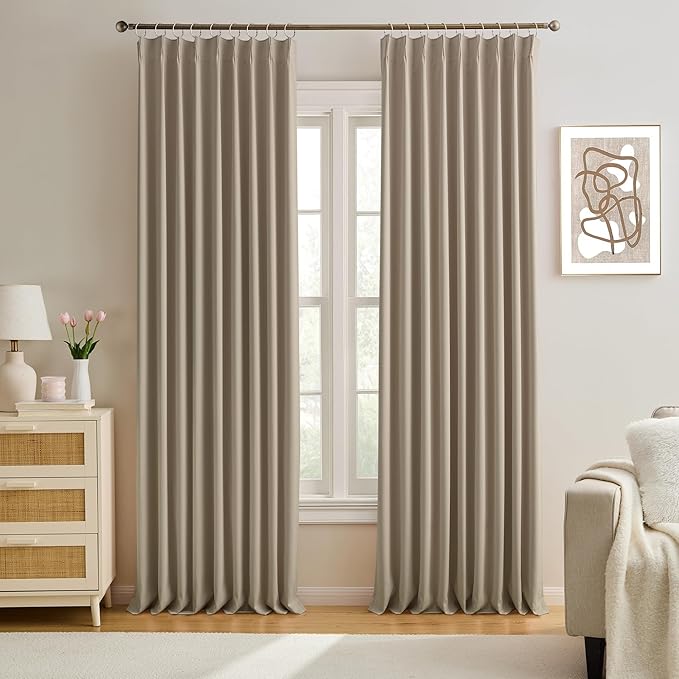 KEQIAOSUOCAI 60 Wide Pinch Pleated Window Curtain Panels 105 Inches Long Custom Made Pleated Curtains Hooks Track Privacy Memory Shape Drape for Living Room,Khaki, Set of 2=120 Inch Wide
