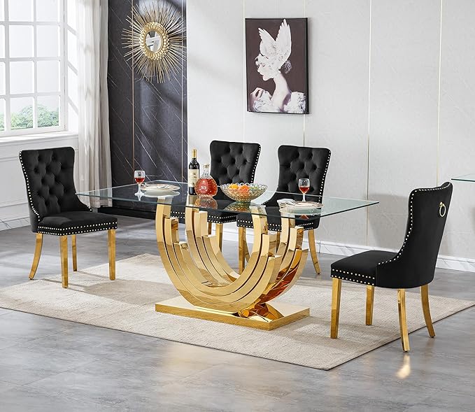 Henf 5-Piece Glass Dining Table Set with 4 Upholstered Dining Chairs,Large Glass Dining Room Table Set for 4, Modern Kitchen Table Furniture for Dining Room, Gold Dining Table and Chair Set for 4