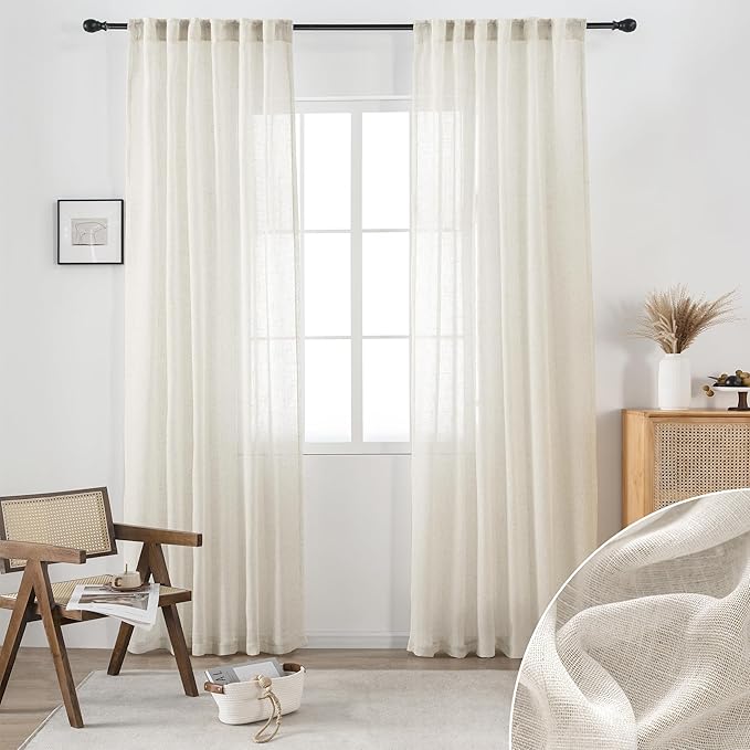 DUALIFE Cream Beige Natural Linen Semi Sheer Window Curtain 84 Inch Length Panels Drapes for Living Room Boho Neutral Rod Pocket Back Tab Long Curtains Set 2 for Farmhouse Decor Bedroom,Ivory,52 x 84